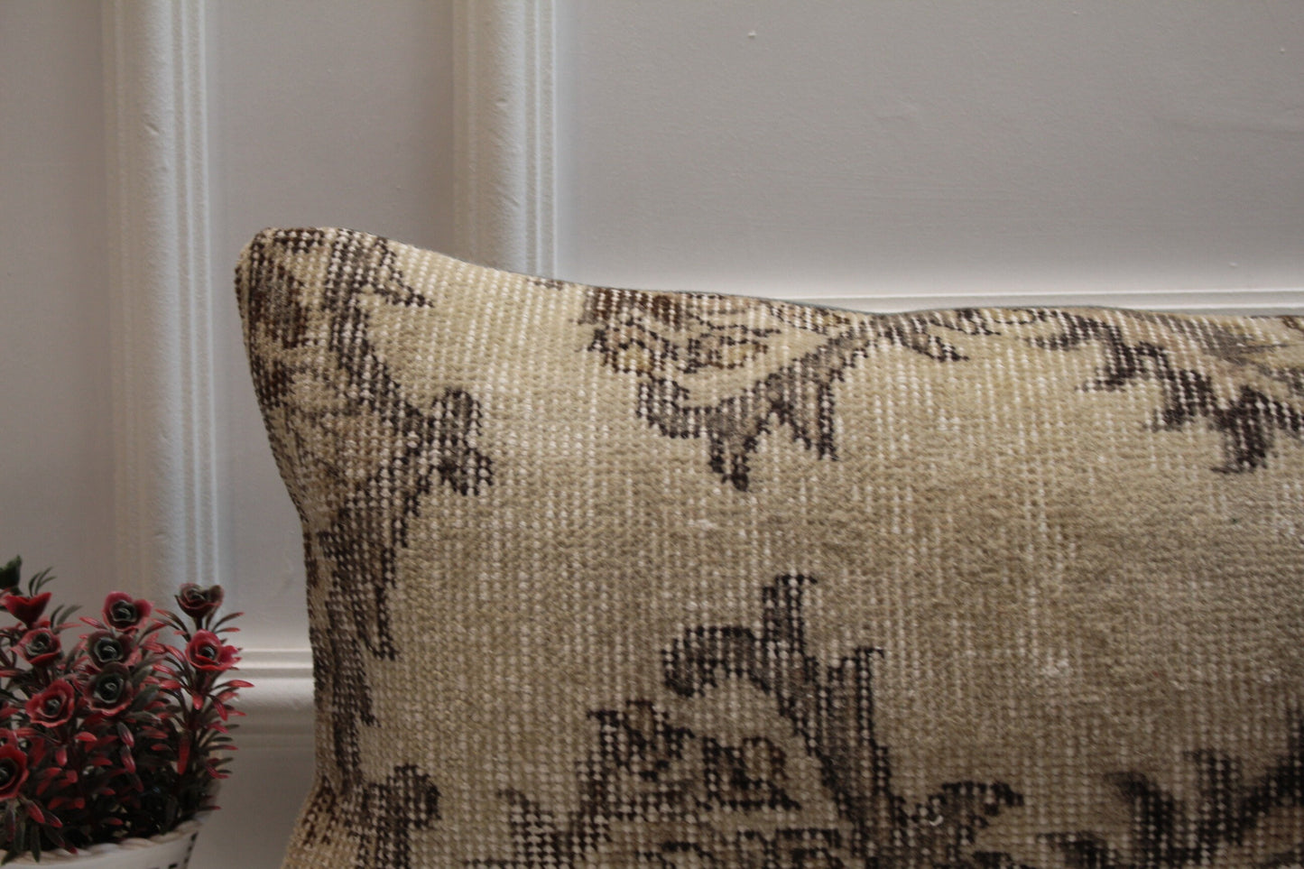Handmade Kilim Pillow Cover: Upcycled Woven Rug, Beige Brown (12x36 in)