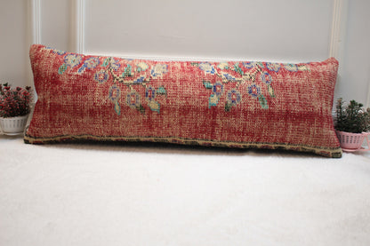 Floral Red Turkish Rug Lumbar Pillow Cover: Handmade Kilim Pillow (12x36 in)