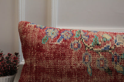Floral Red Turkish Rug Lumbar Pillow Cover: Handmade Kilim Pillow (12x36 in)