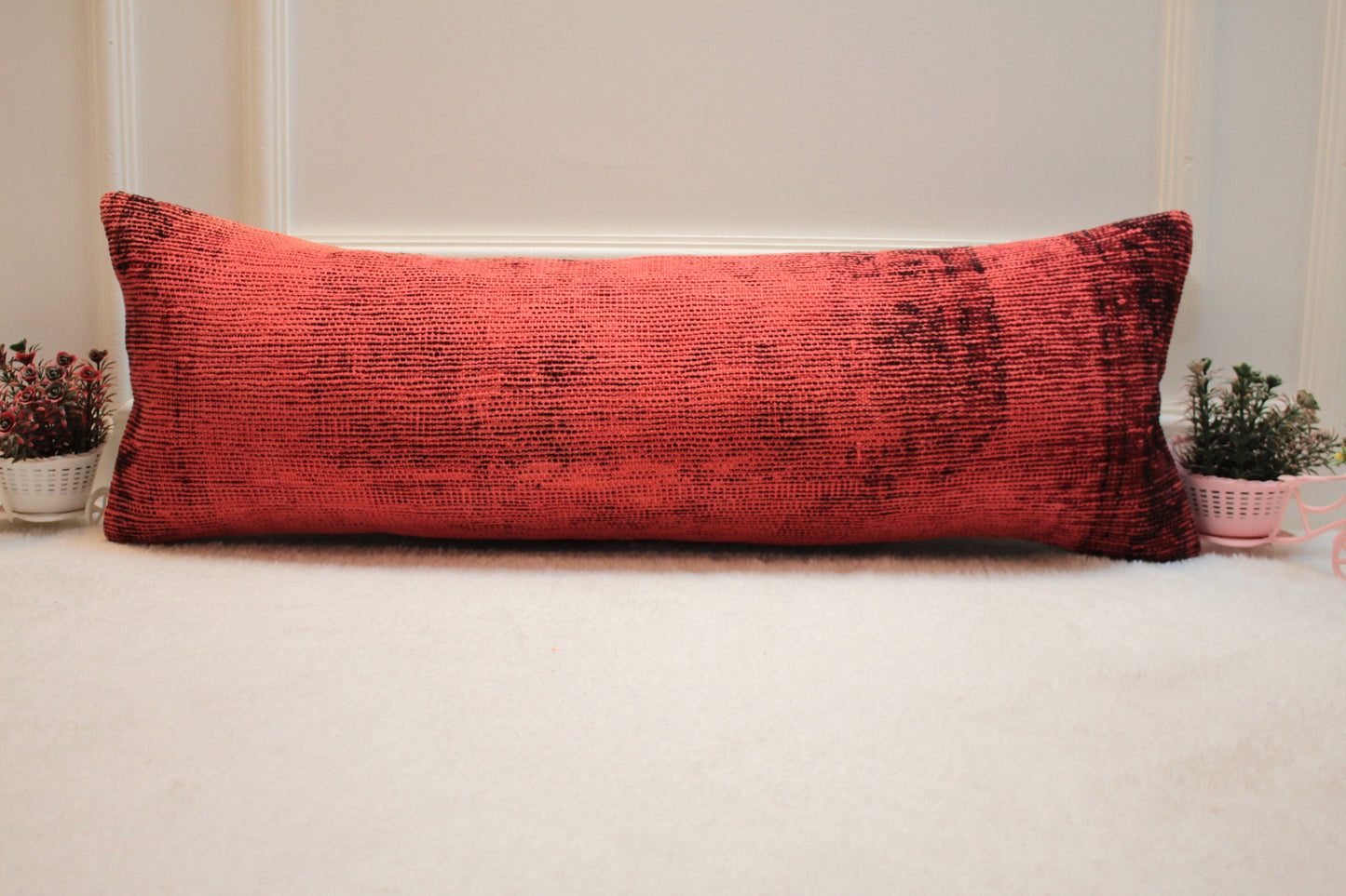 Vintage Red Carpet Pillow Cover: Handmade Organic Wool Lumbar Pillow (12x36 in)