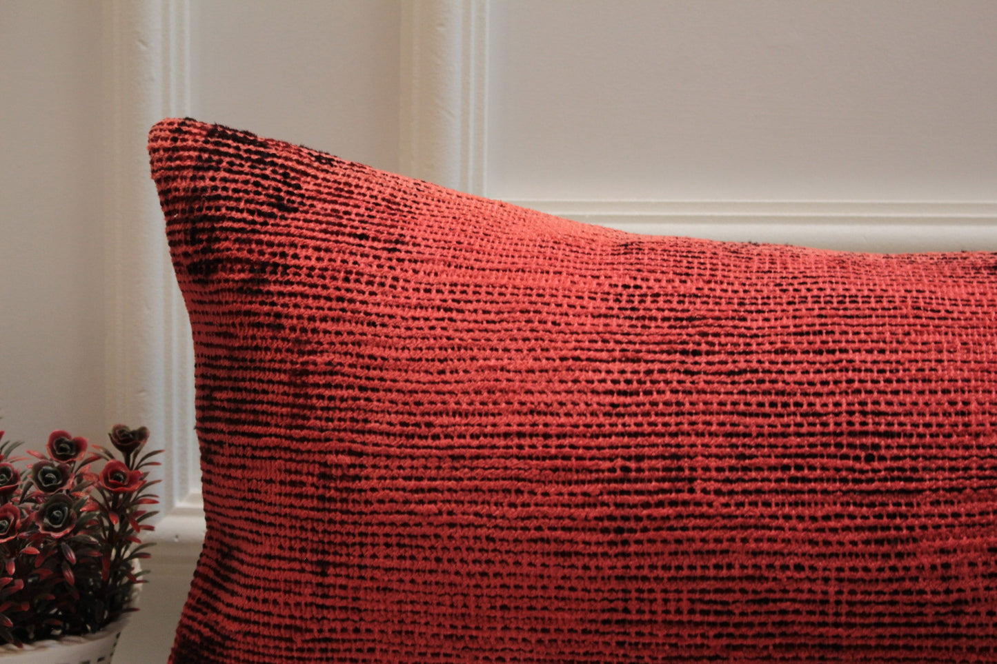 Vintage Red Carpet Pillow Cover: Handmade Organic Wool Lumbar Pillow (12x36 in)