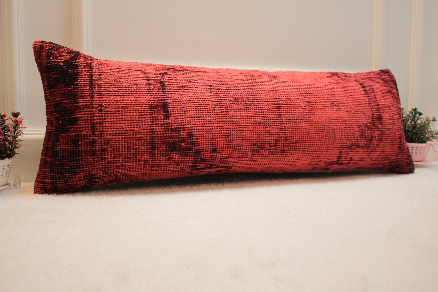Handwoven Turkish Rug Lumbar Pillow Cover: Red Vintage Kilim, 12x36 inch