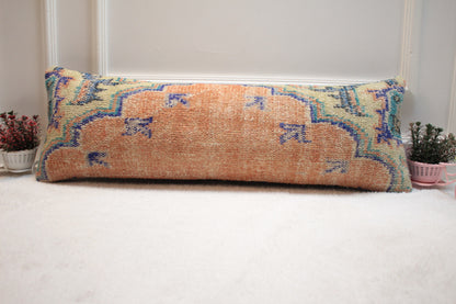 Handmade Turkish Rug Lumbar Pillow Cover: Orange, Blue, Beige (12x36 inc)
