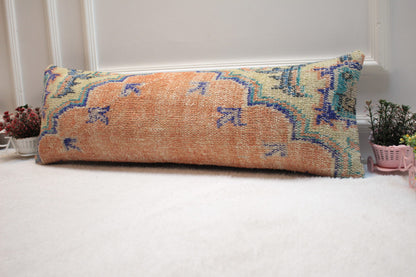 Handmade Turkish Rug Lumbar Pillow Cover: Orange, Blue, Beige (12x36 inc)