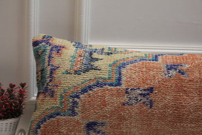 Handmade Turkish Rug Lumbar Pillow Cover: Orange, Blue, Beige (12x36 inc)