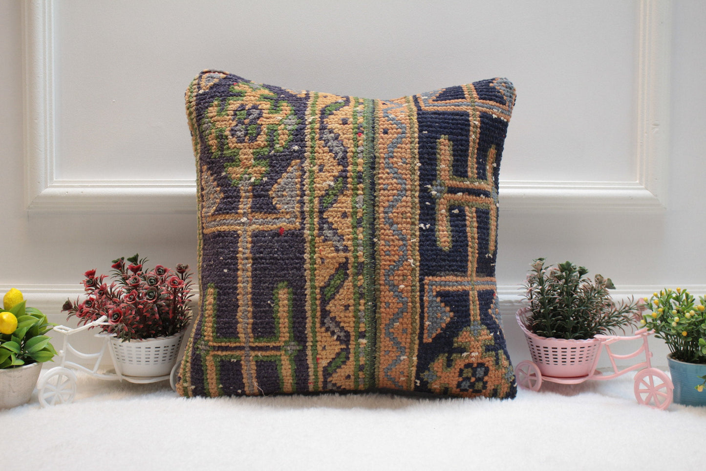 Handmade Turkish Kilim Pillow Cover: Upcycled Woven Rug, Boho Decor (16x16 inch)