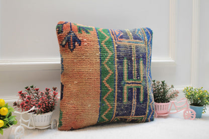 Handmade Turkish Kilim Pillow Cover: Orange & Blue Woven Rug, 16x16 inc