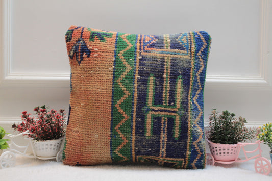 Handmade Turkish Kilim Pillow Cover: Orange & Blue Woven Rug, 16x16 inc