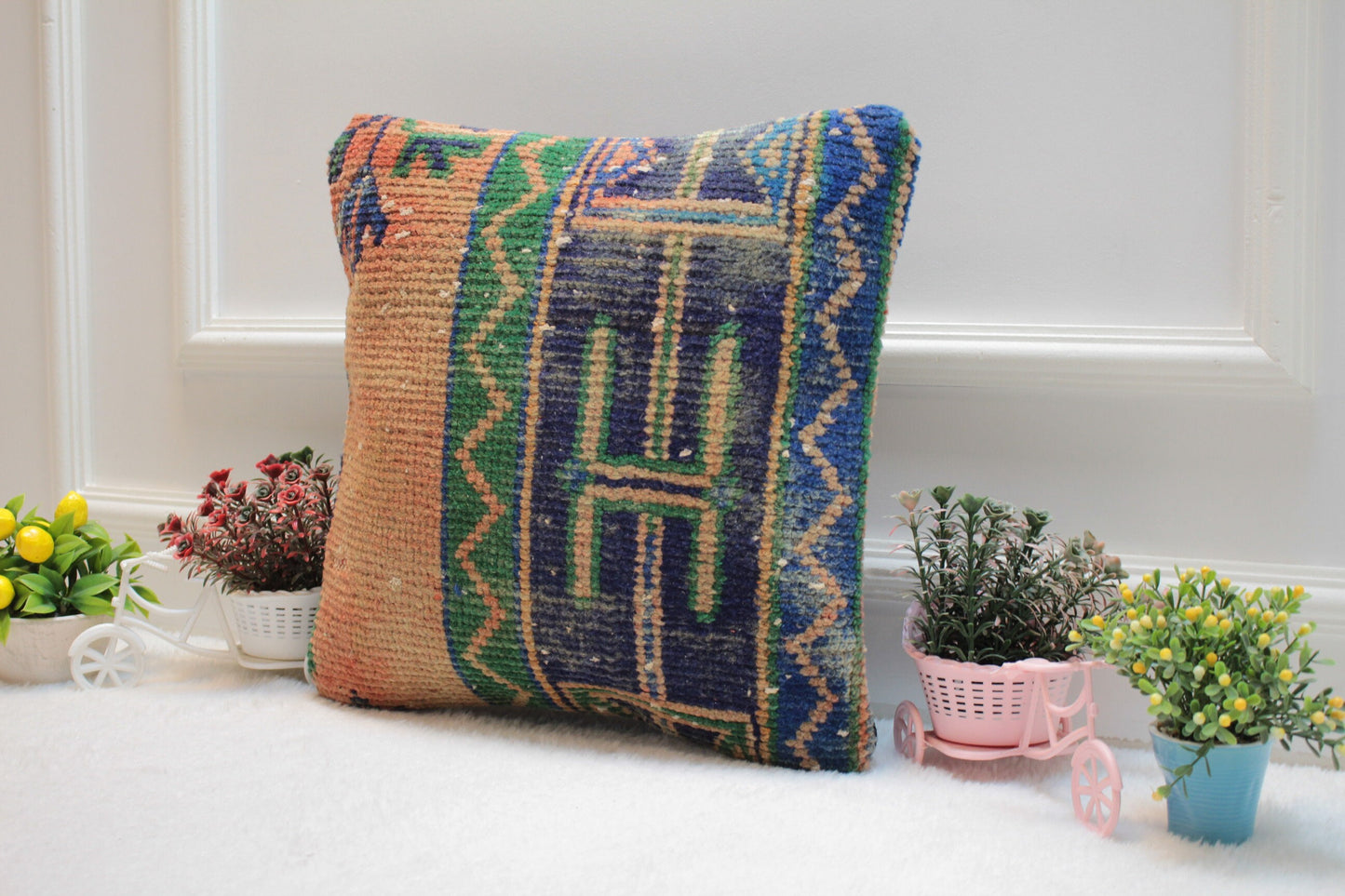 Handmade Turkish Kilim Pillow Cover: Orange & Blue Woven Rug, 16x16 inc