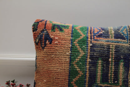 Handmade Turkish Kilim Pillow Cover: Orange & Blue Woven Rug, 16x16 inc