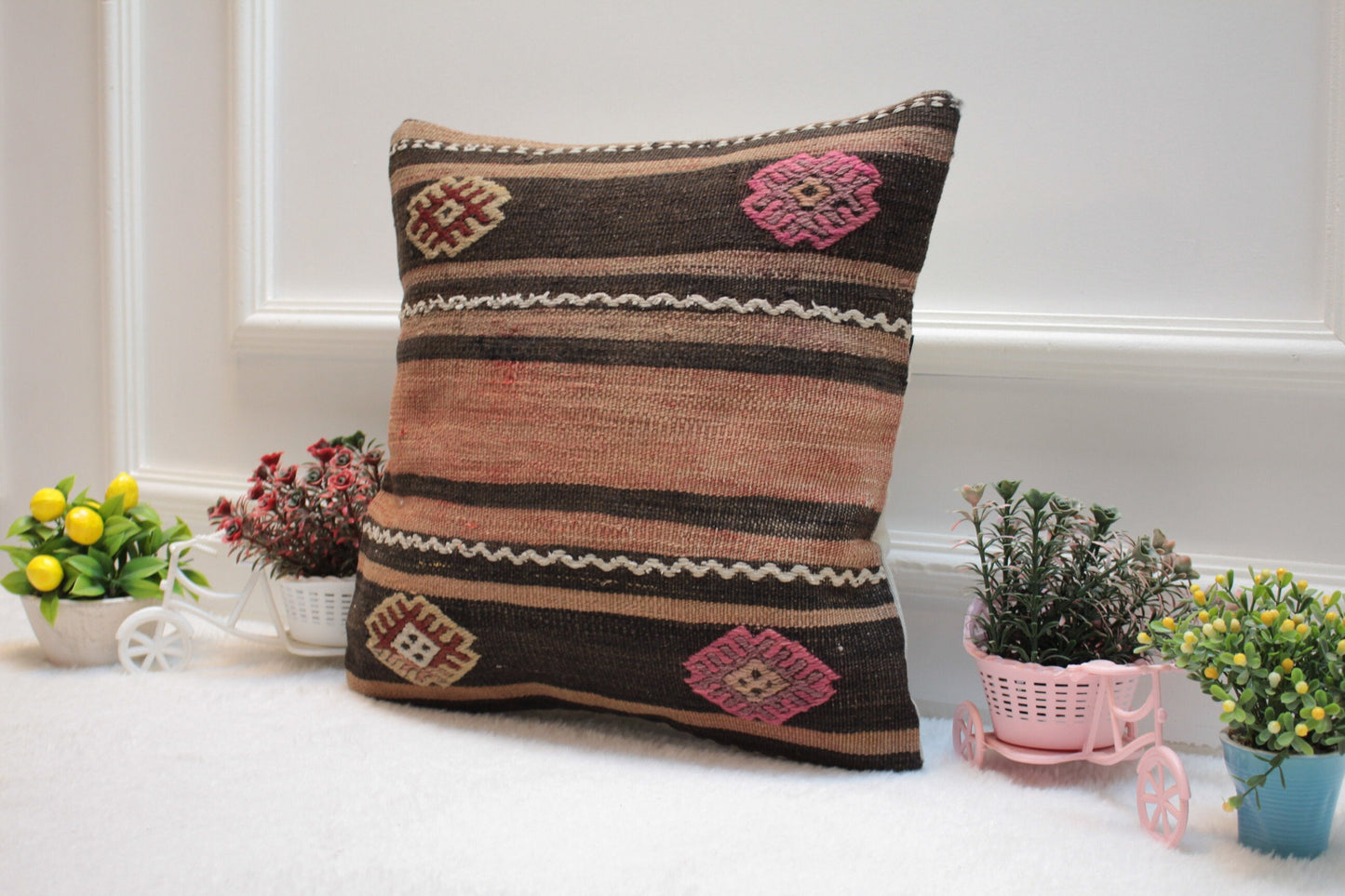 Handmade Kilim Pillow Cover: 16x16 Organic Wool, Ethnic Decor