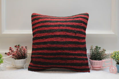 Handmade Kilim Pillow Cover: Upcycled Woven Rug, Red & Black (16x16 in)