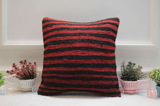 Handmade Kilim Pillow Cover: Upcycled Woven Rug, Red & Black (16x16 in)