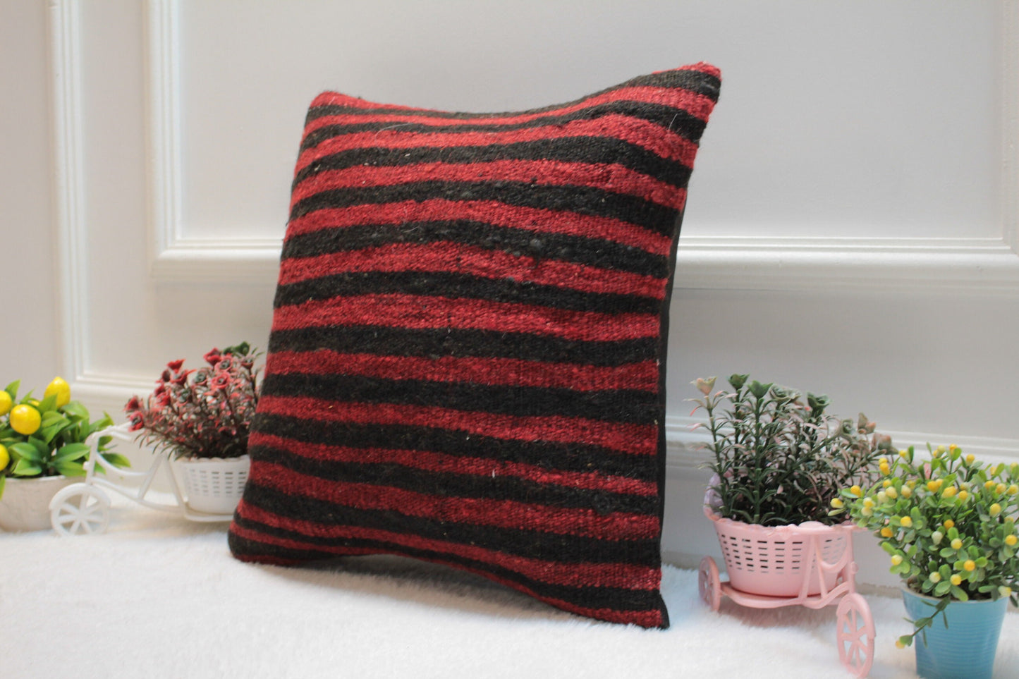 Handmade Kilim Pillow Cover: Upcycled Woven Rug, Red & Black (16x16 in)