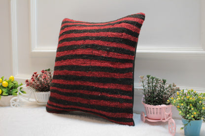 Handmade Kilim Pillow Cover: Upcycled Woven Rug, Red & Black (16x16 in)