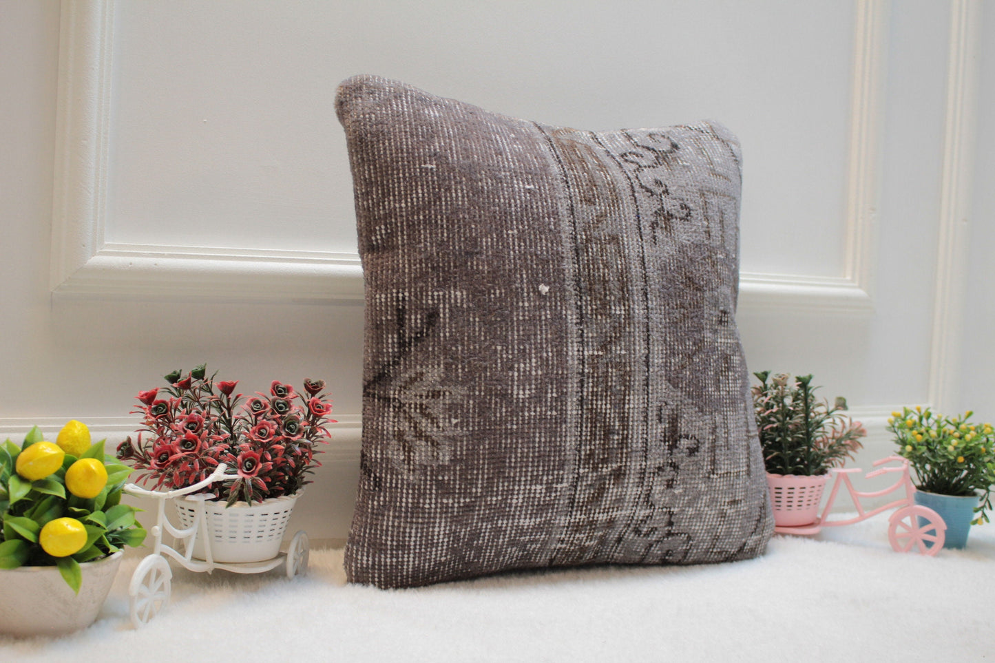 Gray Turkish Rug Pillow Cover: Upcycled Kilim, 16x16 Square