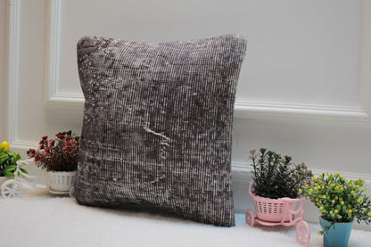 Gray Turkish Rug Pillow Cover: Handwoven Kilim, Upcycled Wool (16x16 inch)