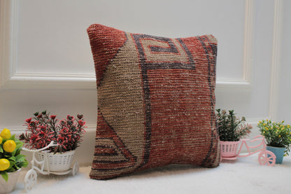 Handmade Kilim Pillow Cover: Upcycled Woven Rug, Red Beige (16X16 inc.)