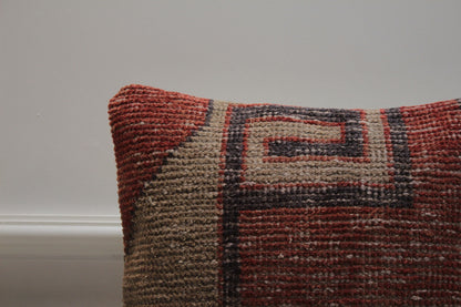 Handmade Kilim Pillow Cover: Upcycled Woven Rug, Red Beige (16X16 inc.)