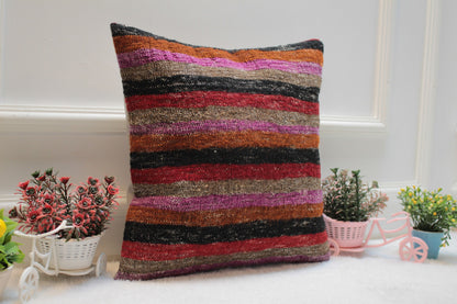 Striped Kilim Pillow Cover: Handmade Upcycled Wool, 16x16 inch