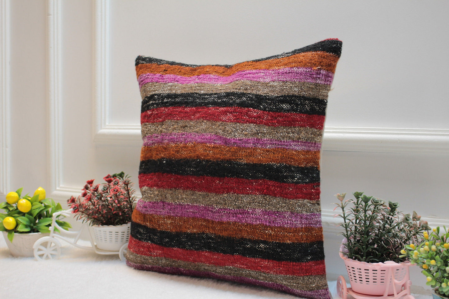Striped Kilim Pillow Cover: Handmade Upcycled Wool, 16x16 inch