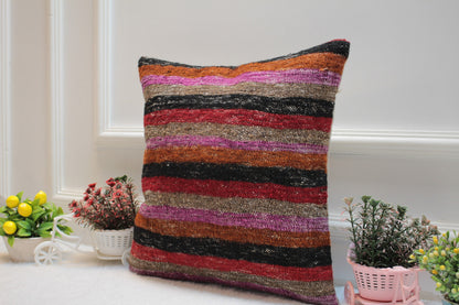 Striped Kilim Pillow Cover: Handmade Upcycled Wool, 16x16 inch
