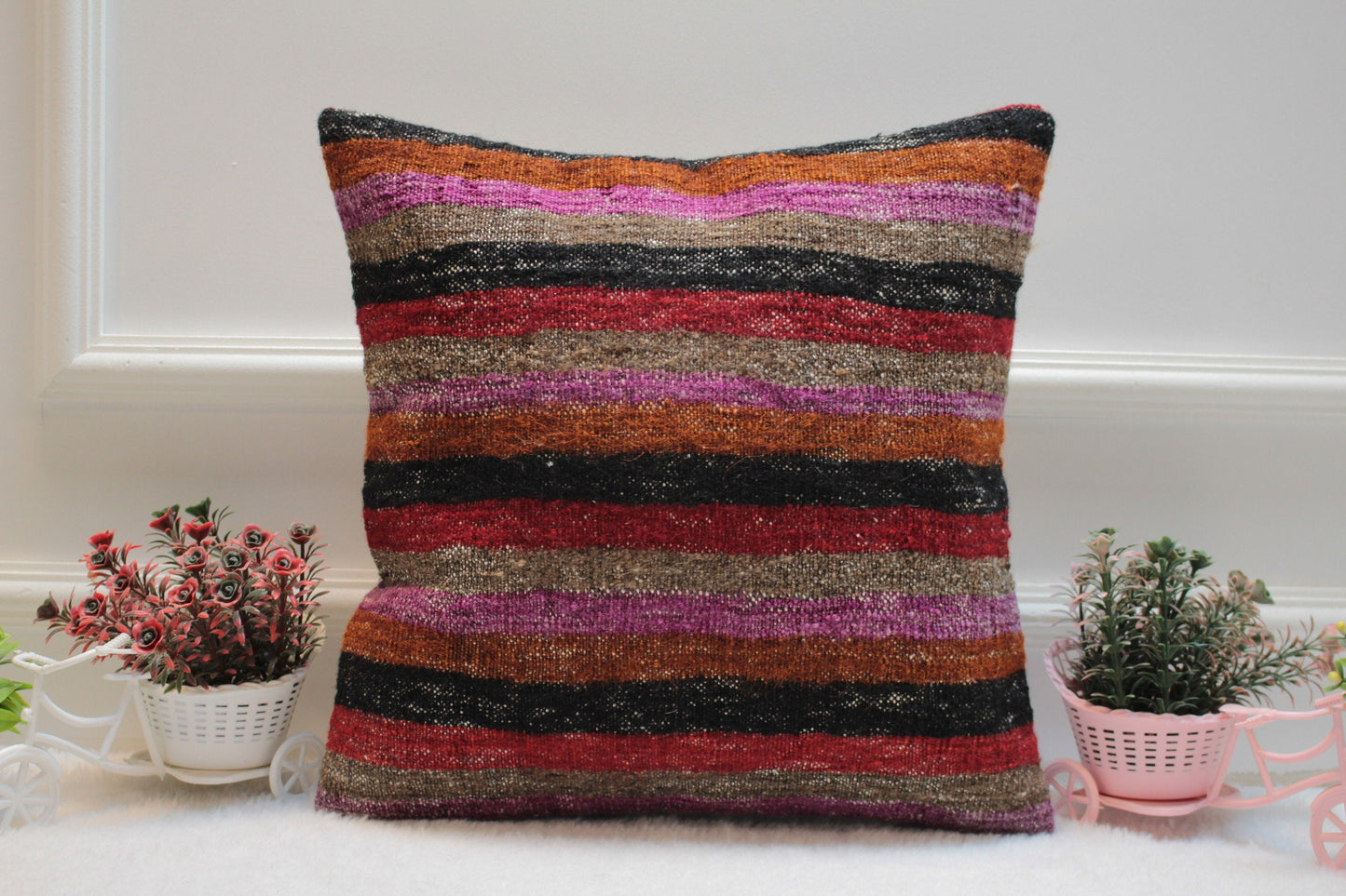 Striped Kilim Pillow Cover: Handmade Upcycled Wool, 16x16 inch