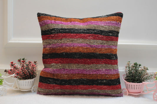 Striped Kilim Pillow Cover: Handmade Upcycled Wool, 16x16 inch
