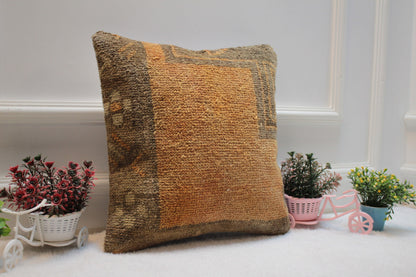 Handmade Turkish Rug Pillow Cover: Upcycled Woven Wool, 16x16 inch