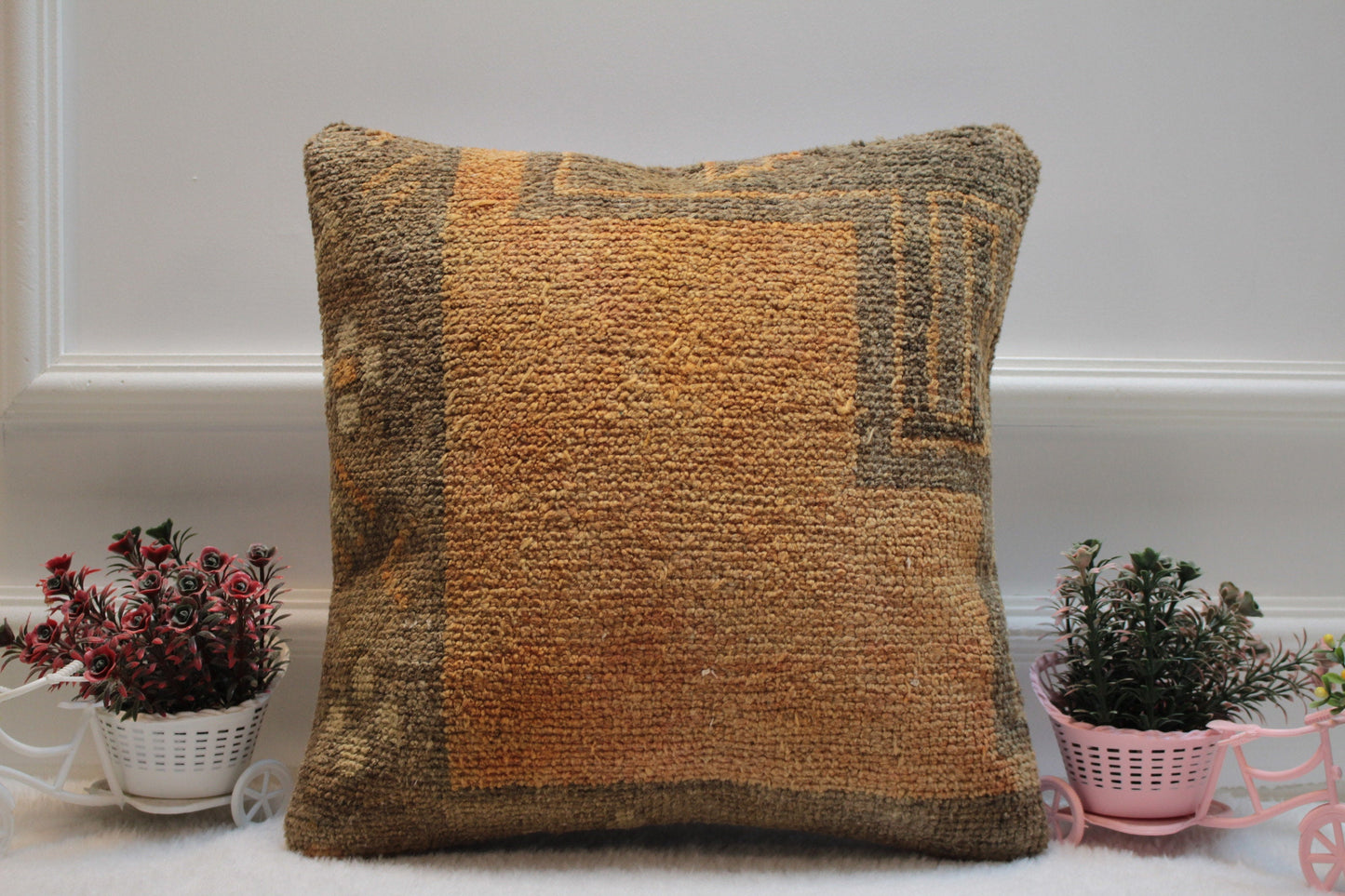 Handmade Turkish Rug Pillow Cover: Upcycled Woven Wool, 16x16 inch