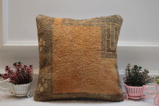 Handmade Turkish Rug Pillow Cover: Upcycled Woven Wool, 16x16 inch