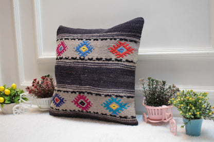 Handmade Kilim Pillow Cover (16x16 inc): Upcycled Wool Ethnic Decor