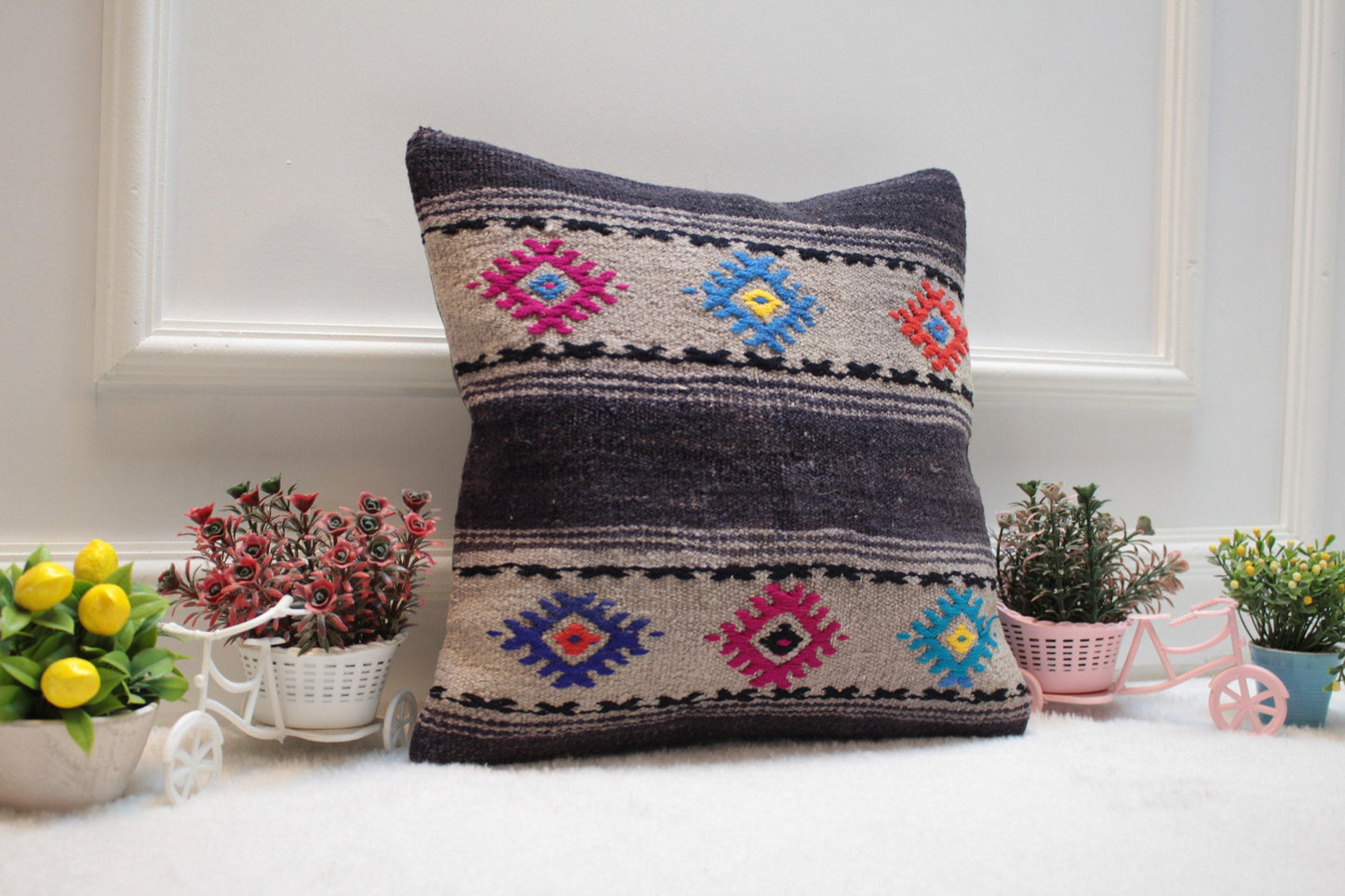 Handmade Kilim Pillow Cover (16x16 inc): Upcycled Wool Ethnic Decor