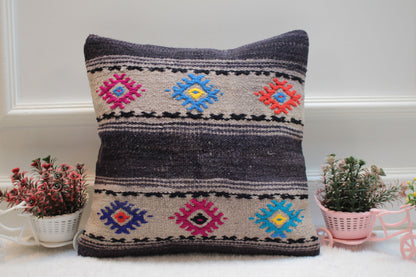 Handmade Kilim Pillow Cover (16x16 inc): Upcycled Wool Ethnic Decor