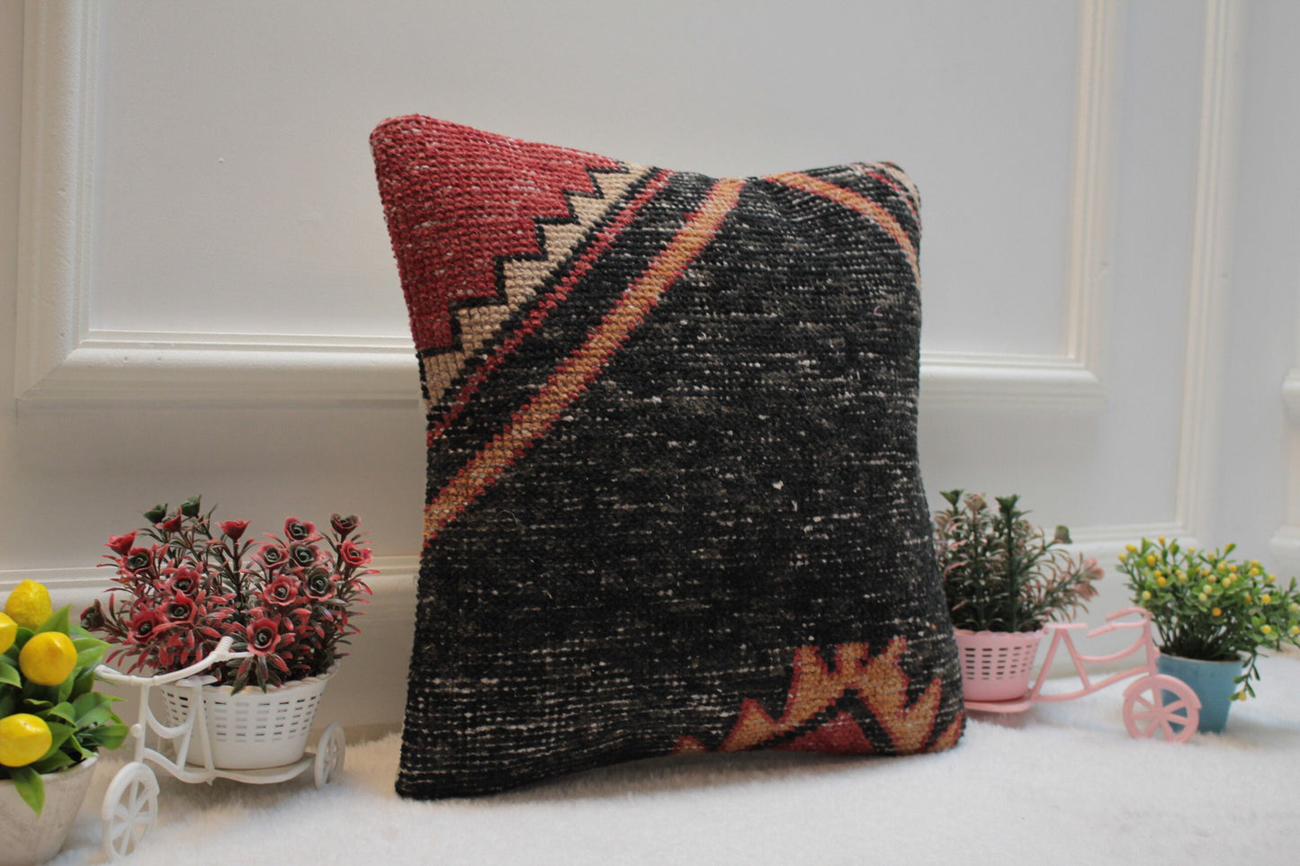 Handmade Kilim Pillow Cover: Upcycled Woven Rug, Black & Red (16x16 in)