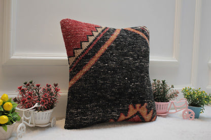 Handmade Kilim Pillow Cover: Upcycled Woven Rug, Black & Red (16x16 in)