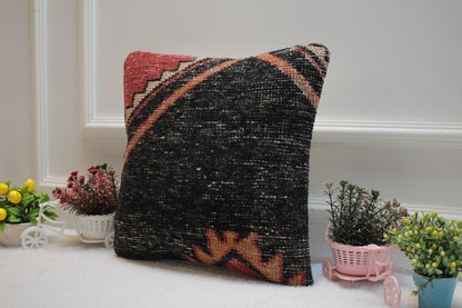 Handmade Kilim Pillow Cover: Upcycled Woven Rug, Black & Red (16x16 in)