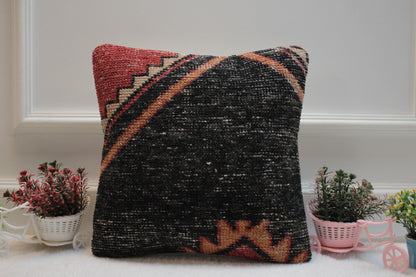 Handmade Kilim Pillow Cover: Upcycled Woven Rug, Black & Red (16x16 in)