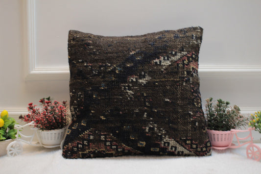 Vintage Turkish Kilim Pillow Cover: Upcycled Anatolian Rug, Boho Decor (16x16 in)