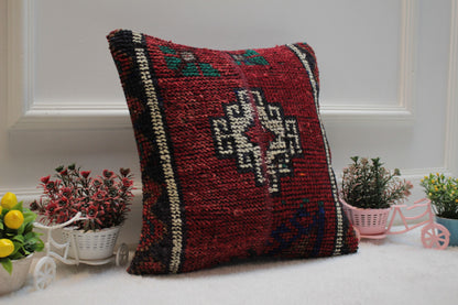 Handmade Turkish Rug Pillow Cover: Vintage Wool Throw Pillow (16x16 in)
