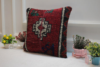 Handmade Turkish Rug Pillow Cover: Vintage Wool Throw Pillow (16x16 in)