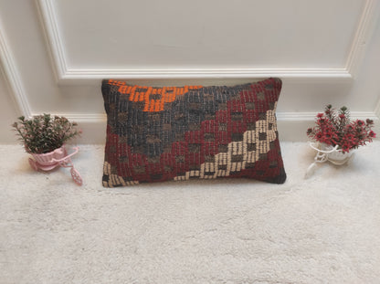 Handmade Geometric Kilim Lumbar Pillow Cover: Boho Decor (12x20 in)
