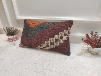 Handmade Geometric Kilim Lumbar Pillow Cover: Boho Decor (12x20 in)