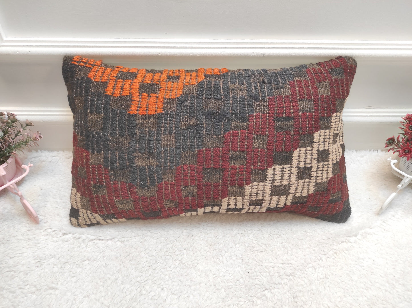 Handmade Geometric Kilim Lumbar Pillow Cover: Boho Decor (12x20 in)