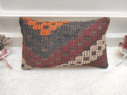 Handmade Geometric Kilim Lumbar Pillow Cover: Boho Decor (12x20 in)