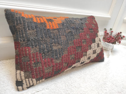 Handmade Geometric Kilim Lumbar Pillow Cover: Boho Decor (12x20 in)