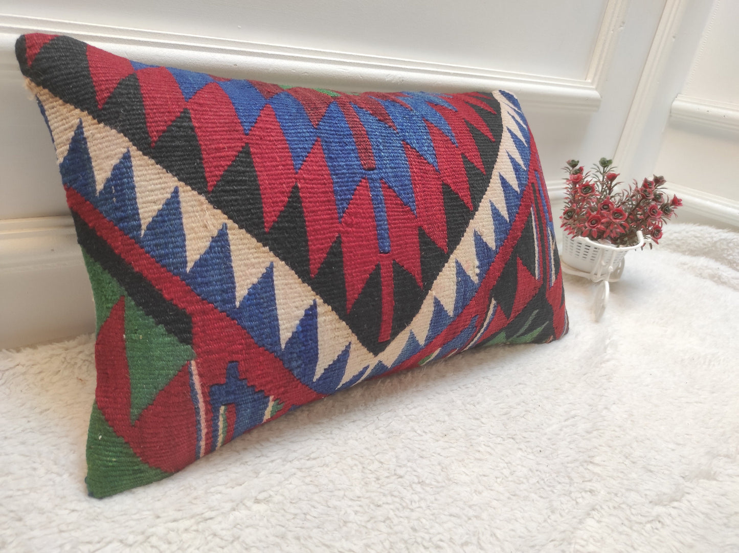 Handmade Kilim Lumbar Pillow Cover: Upcycled Woven Rug, 12x20 inch