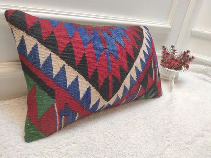 Handmade Kilim Lumbar Pillow Cover: Upcycled Woven Rug, 12x20 inch
