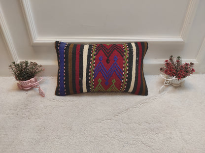 Handmade Lumbar Kilim Pillow Cover: 12x20 inc, Bohemian Decor