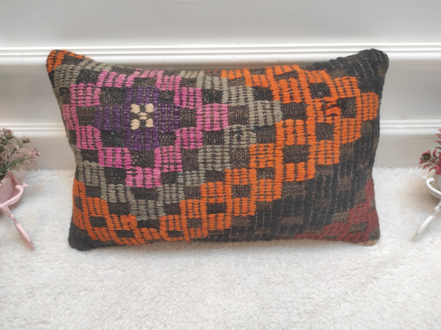 Handmade Kilim Lumbar Pillow Cover: 12x20 inc Upcycled Woven Rug